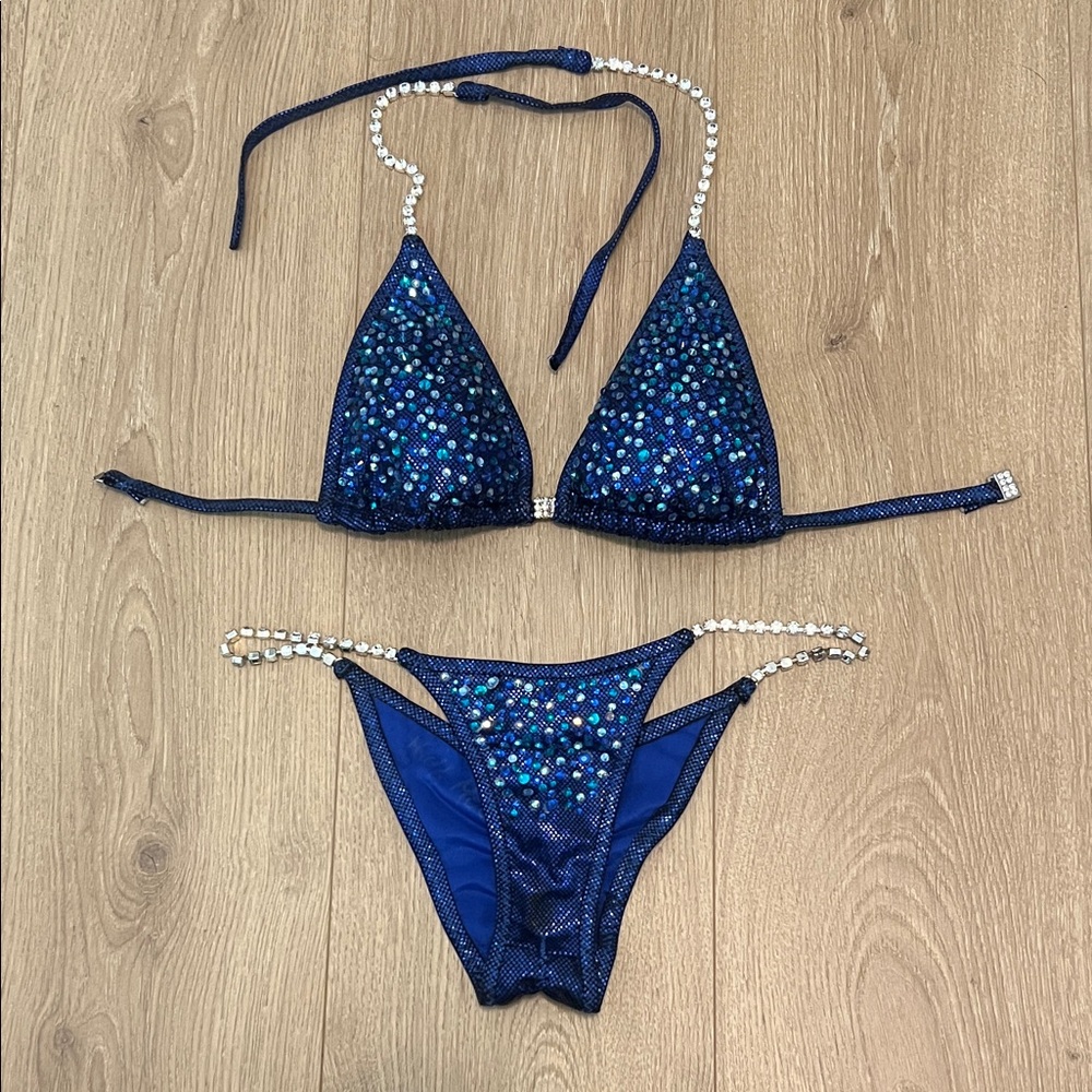 Blue Sequin Bikini with Rhinestone Straps